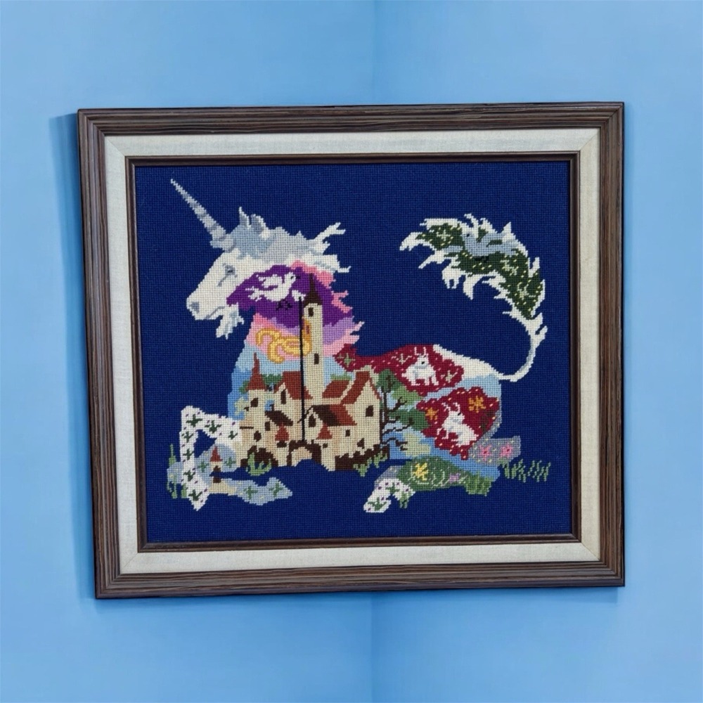VTG 1970s Unicorn Fantasy Needlepoint Framed Art 18x20 Handmade Wall Decor EUC - Picture 2 of 12